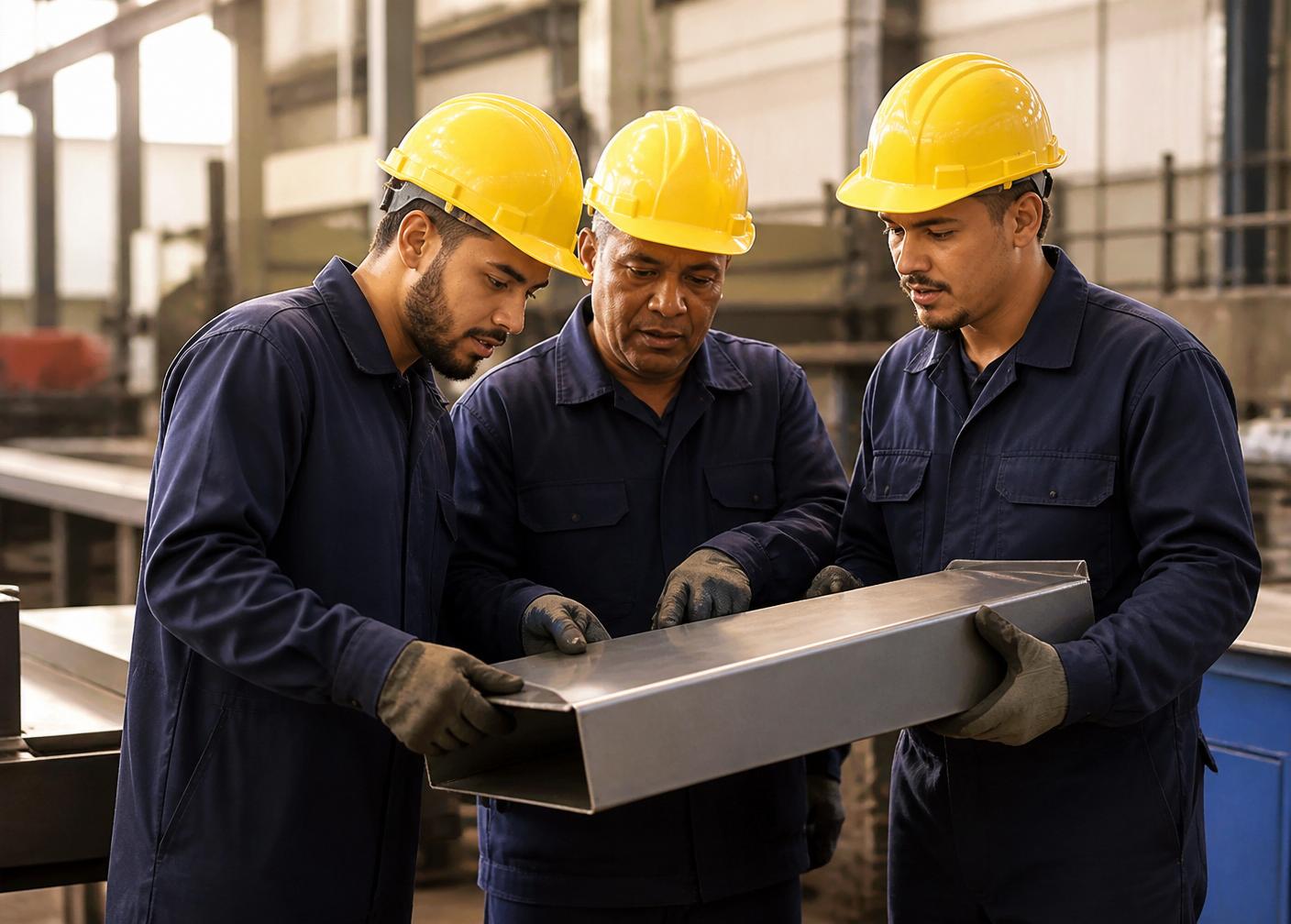 Equipe da Açofam inspecionando peça de metal dobrado