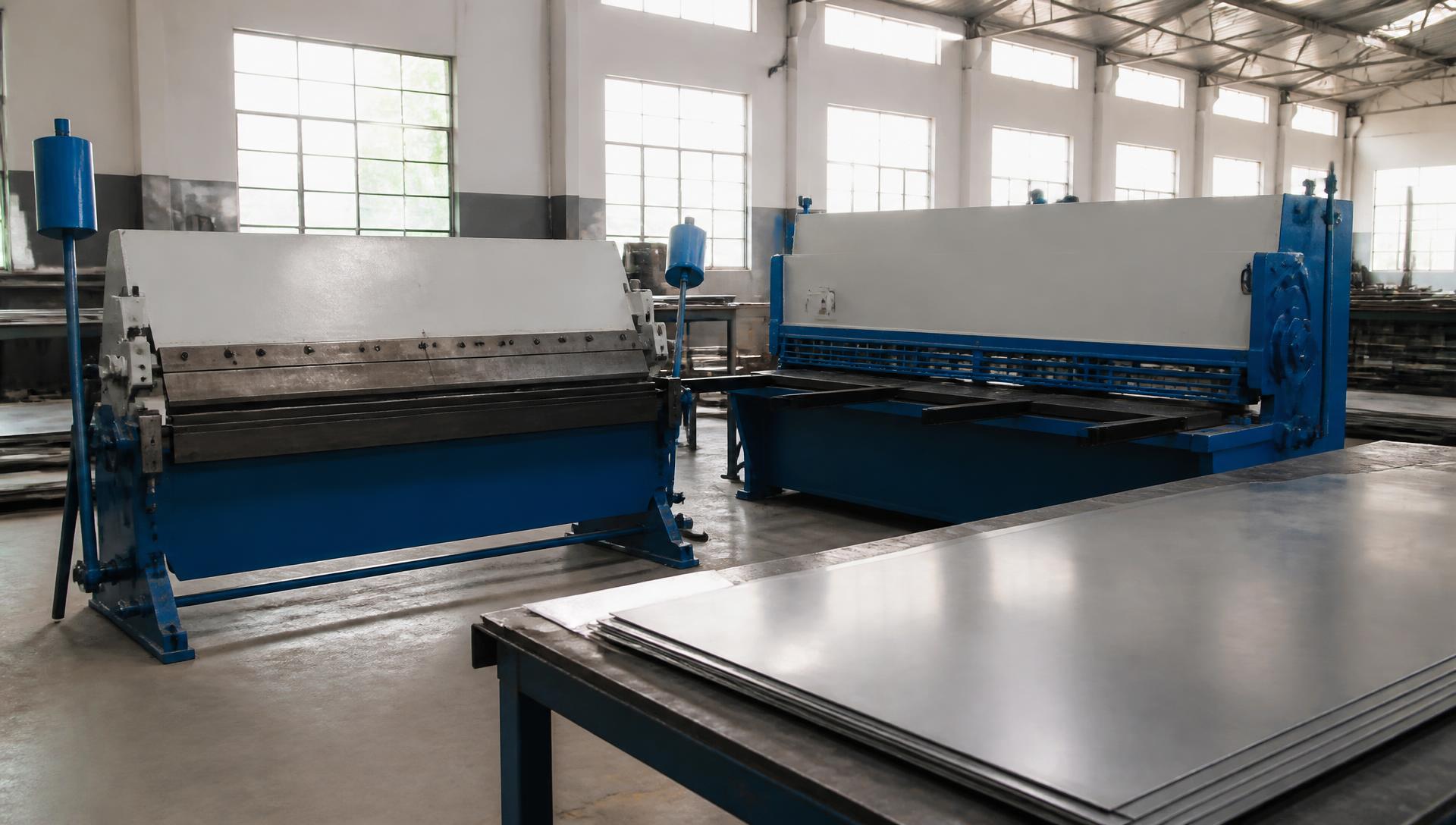Oficina industrial com dobradeira mecânica e guilhotina mecânica de 3 metros para corte e dobra de chapas metálicas